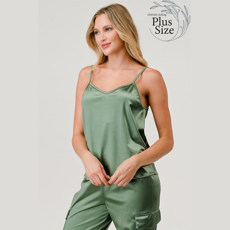Plus size satin tank top for women in green, featuring adjustable straps and a relaxed fit