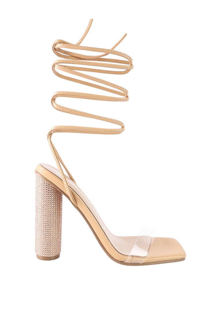 Scansta Lace Up Rhinestone Embellished Heel Sandals