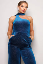 Stylish scarf top jumpsuit stylish outfit in vibrant blue with a one-shoulder design and pockets