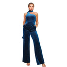 VacationGrabs scarf top jumpsuit stylish outfit in blue velvet with wide-leg pants and pockets