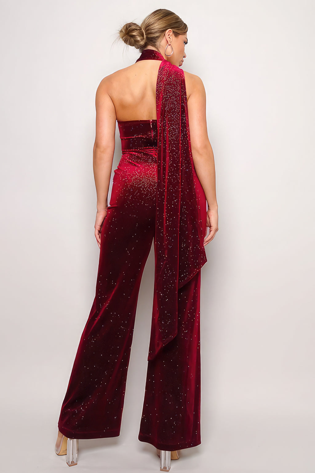 Stylish red scarf top jumpsuit stylish outfit featuring a dramatic back design and flared legs