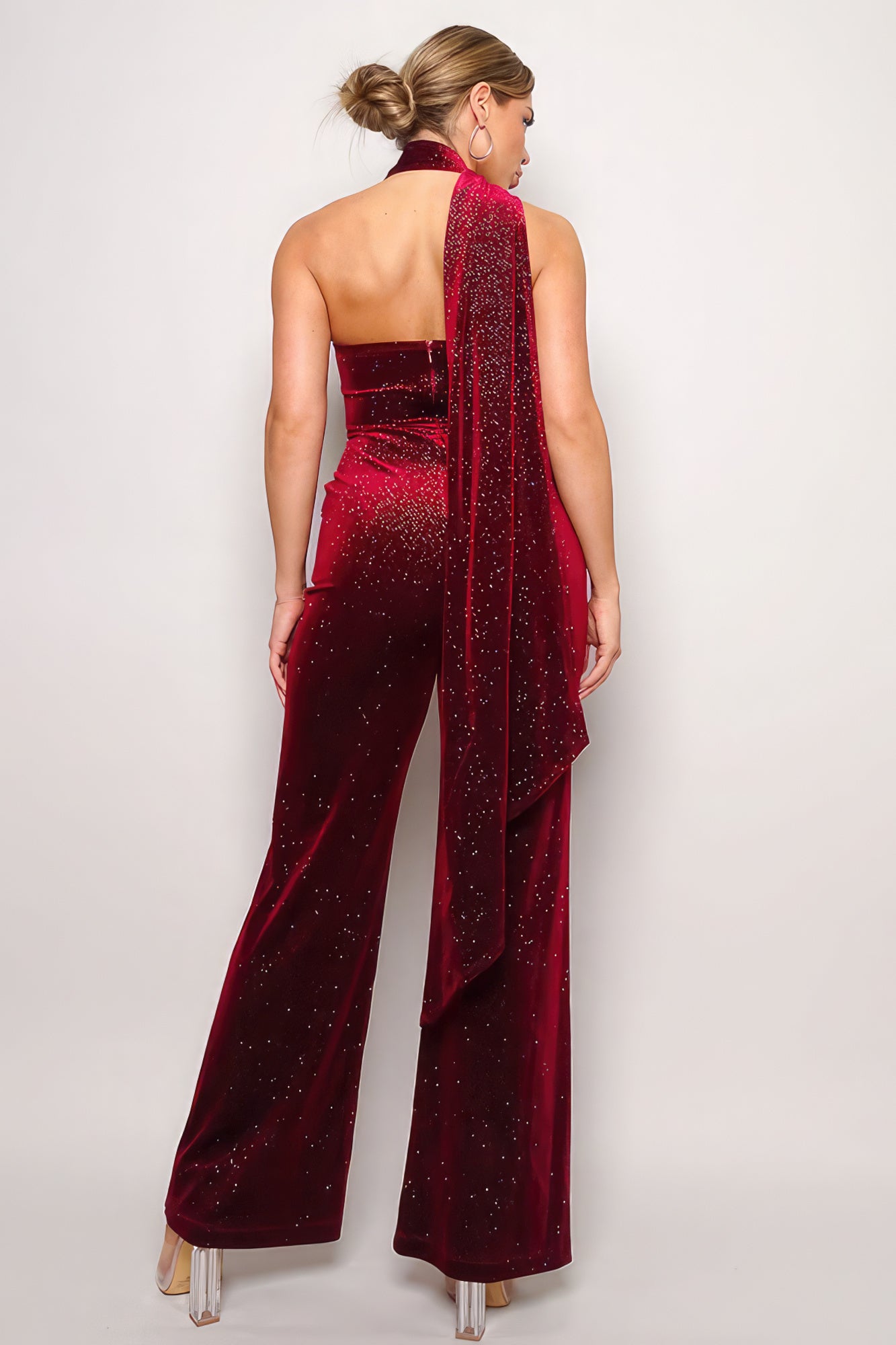 Stylish red scarf top jumpsuit stylish outfit featuring a dramatic back design and flared legs