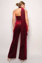 Stylish red scarf top jumpsuit stylish outfit featuring a dramatic back design and flared legs