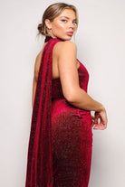 Red scarf top jumpsuit stylish outfit with shimmering fabric and elegant drape for women