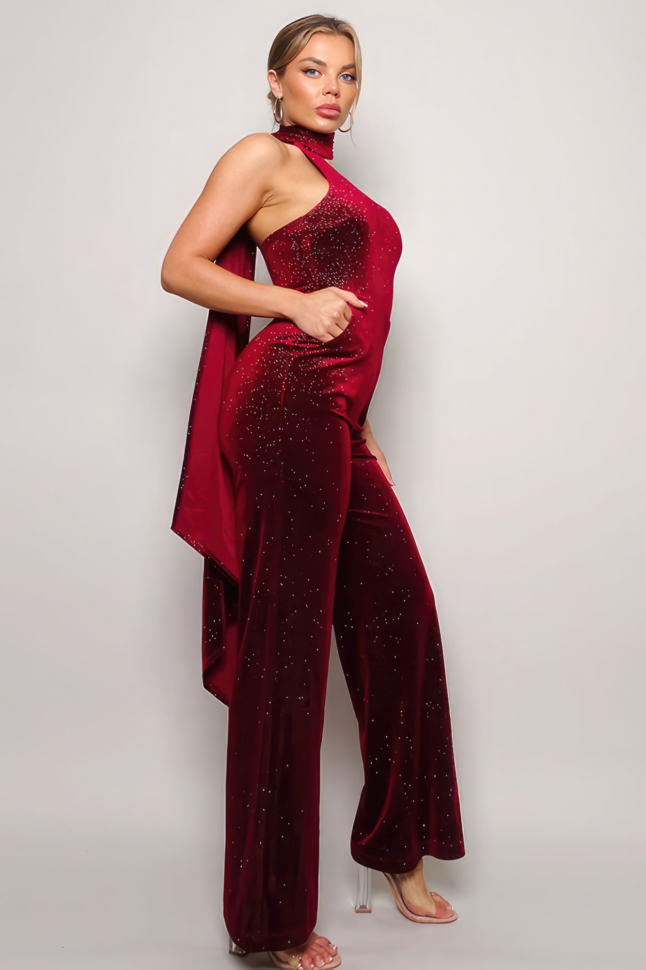 Elegant burgundy scarf top jumpsuit stylish outfit with a flowy back design for evening wear