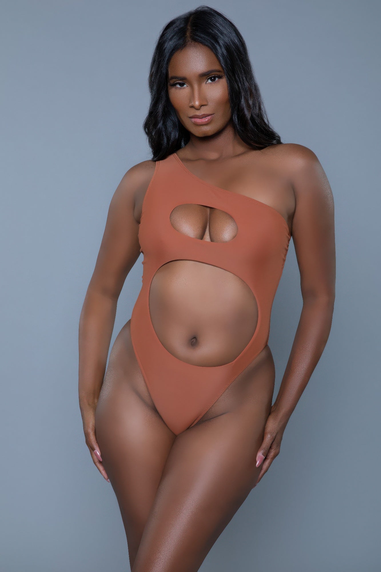 Women's brown cut-out one-piece swimsuit, perfect for summer pools, inspired by Scarlett Johansson