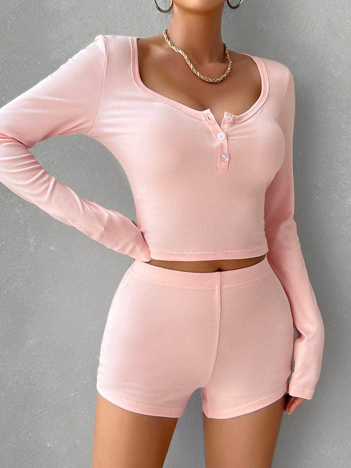 Scoop Neck Long Sleeve Top and Shorts Set - VacationGrabs