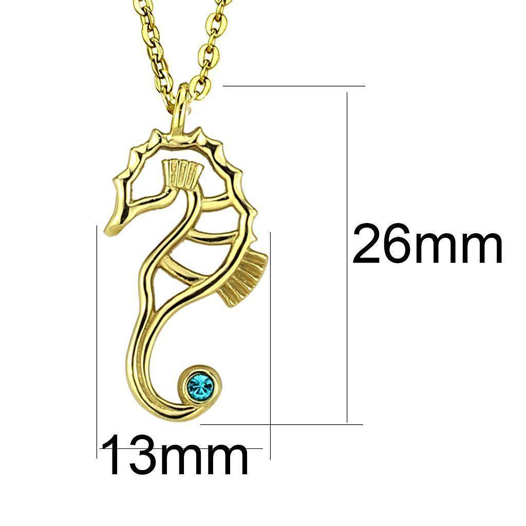 Gold plated seahorse charm necklace featuring a blue accent stone, measuring 26mm by 13mm