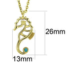 Gold plated seahorse charm necklace featuring a blue accent stone, measuring 26mm by 13mm