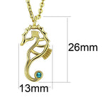 Gold plated seahorse charm necklace featuring a blue accent stone, measuring 26mm by 13mm