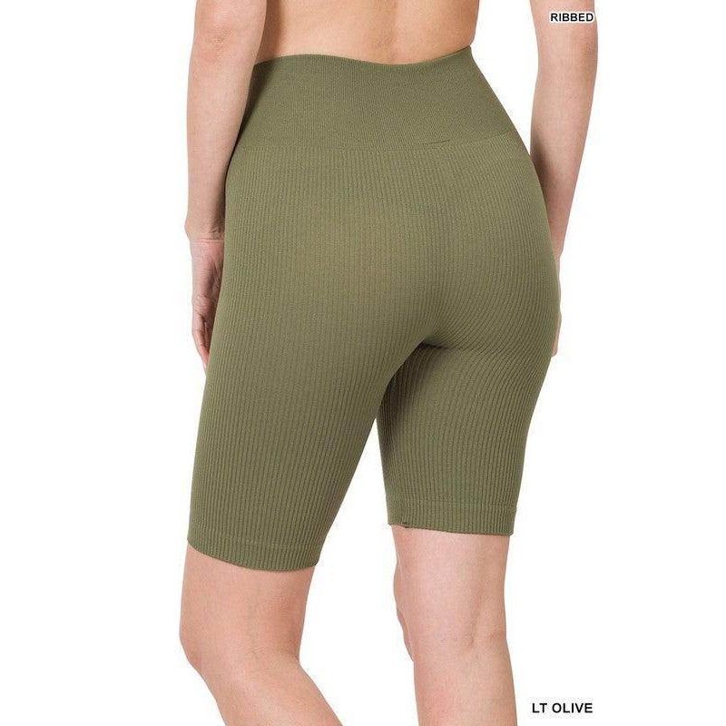 ZENANA women's seamless athletic shorts in light olive with ribbed texture for comfortable workouts