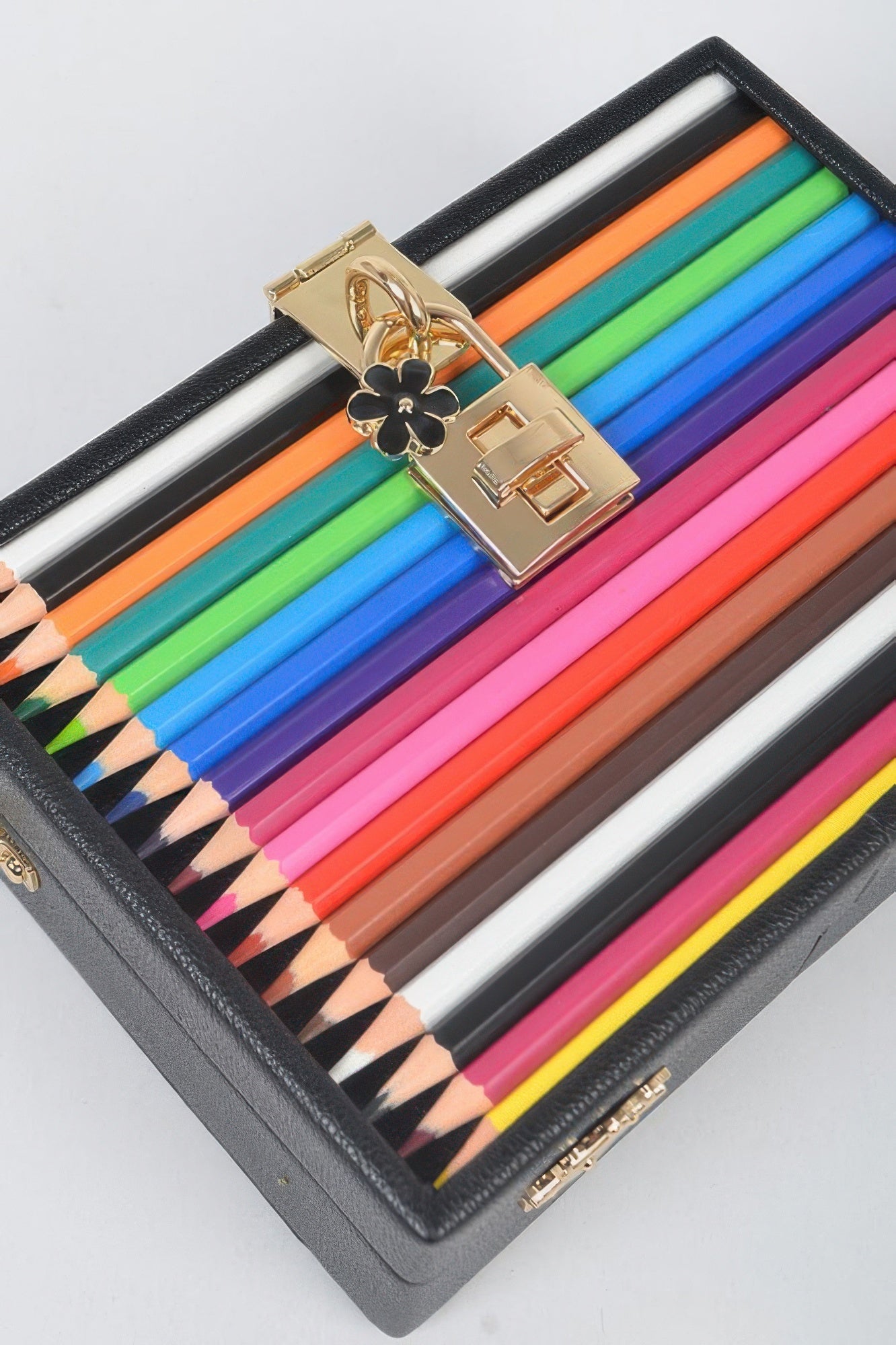 Stylish secure clutch bag for pencils with a gold clasp and colorful pencil assortment inside
