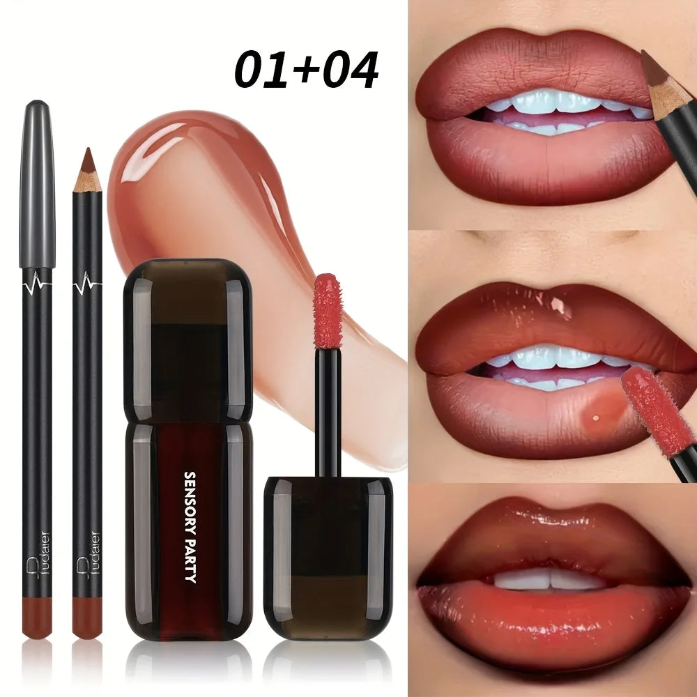 Lip gloss set with lip pencil, glossy nude color for a stunning look