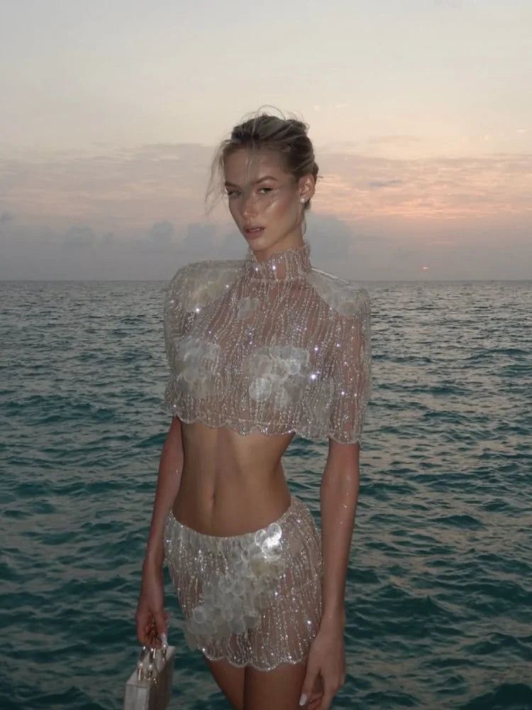 Women's sequin outfit for women, sheer design, perfect for beach parties