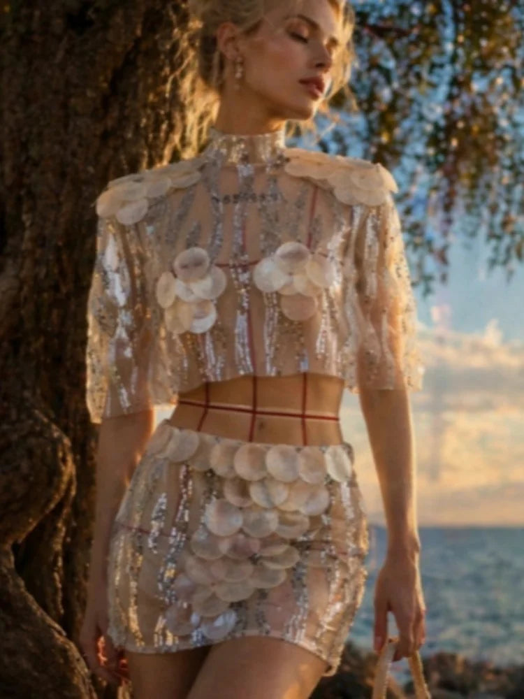 Women's sequin outfit for women, shimmering with floral accents, ideal for summer events