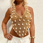 Women's sequin tank top in gold, stylish beachwear for summer.