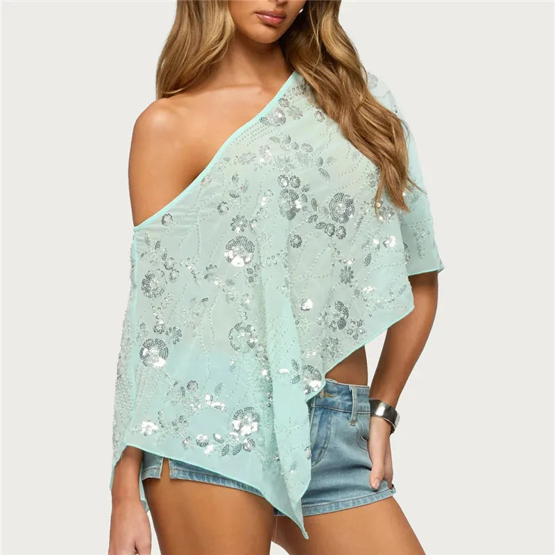 Women's aqua sequin top, lightweight fabric for casual outings