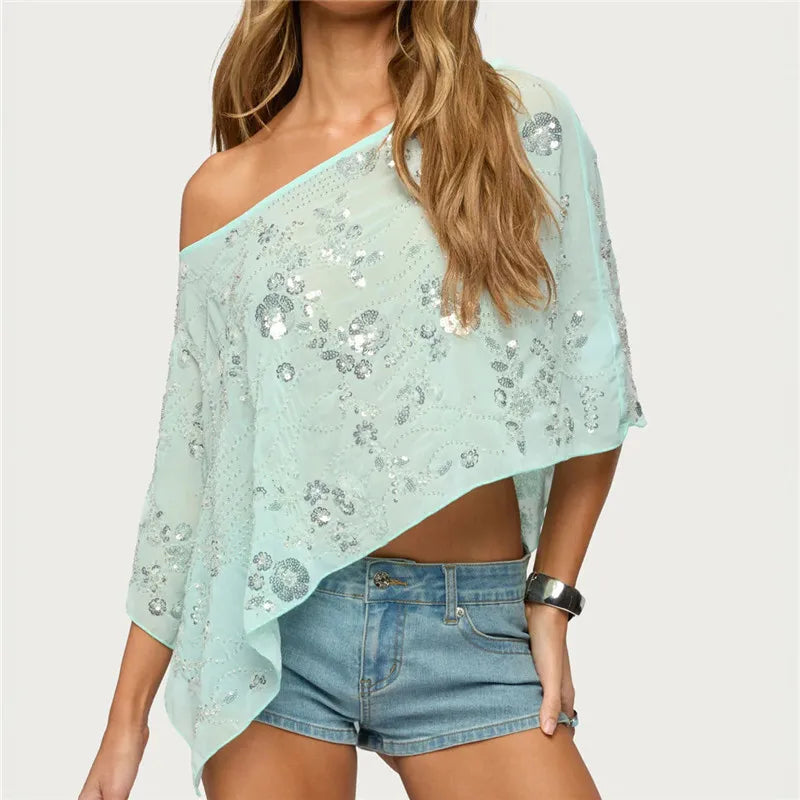 Women's mint green sequin top, lightweight for summer outings