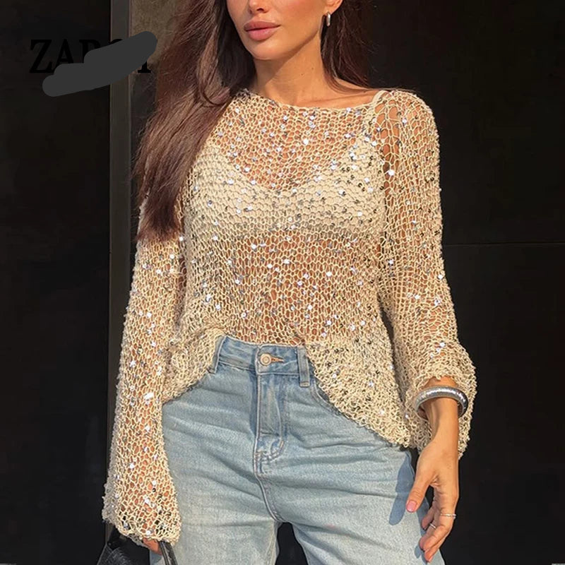 Women's sequin top in beige, perfect for casual outings