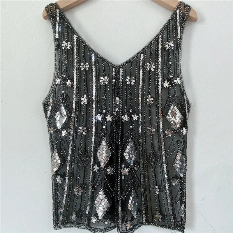 women's black sequin top, stylish party wear with sparkling details