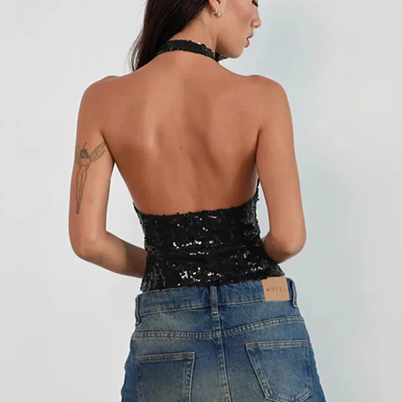 Women's black sequin top, stylish for nightlife events