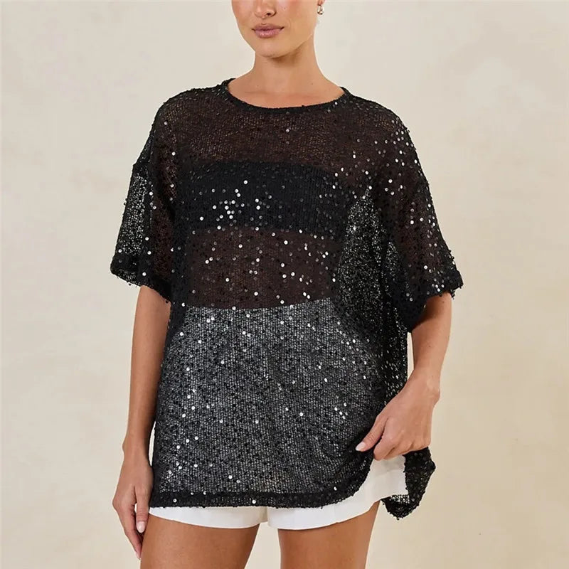 Black sequined top, lightweight, perfect for evening outings