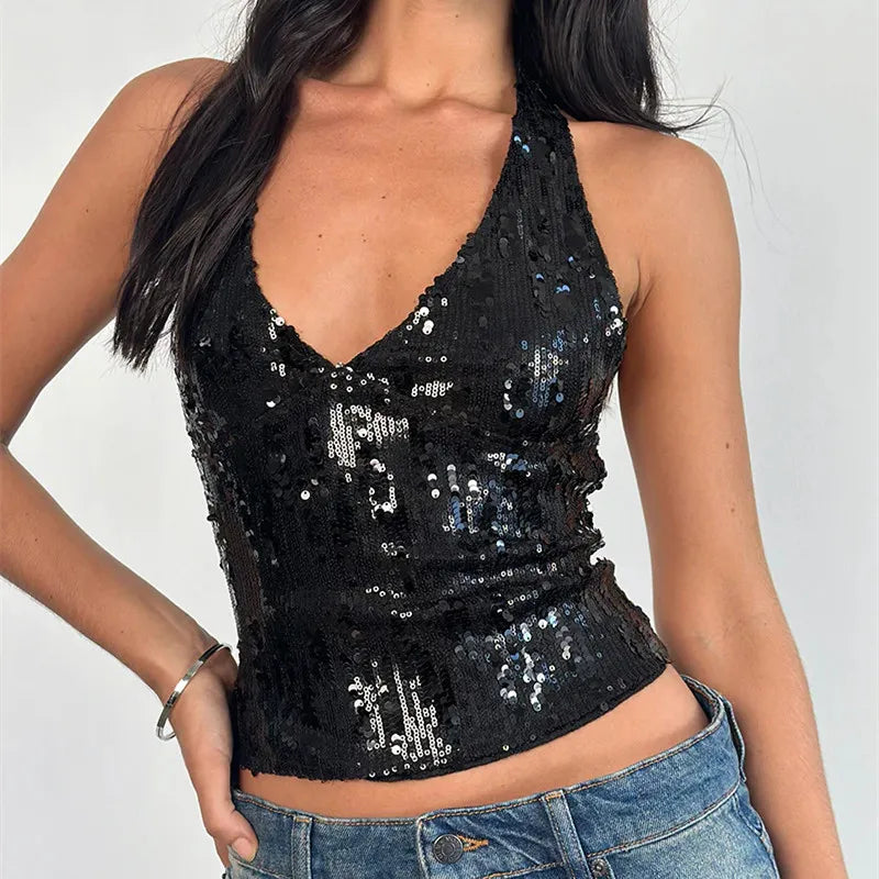 Women's black sequin top for stylish night out looks