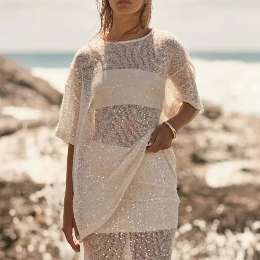 Women's white sequin top, perfect for beach outings