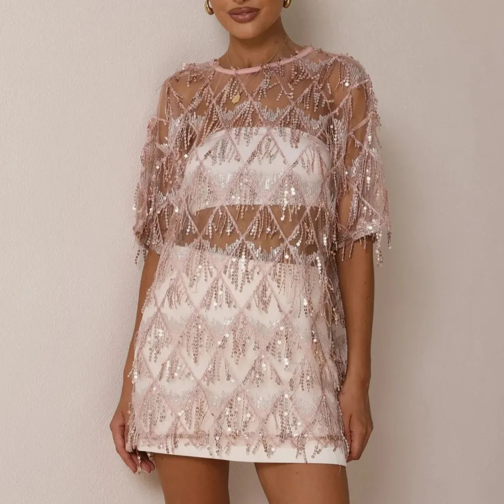 Women's pink sequin top, sheer fabric for glamorous occasions