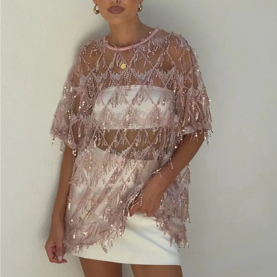 Women's pink sequin top, perfect for summer parties and events