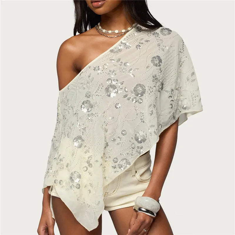 Women's white sequin top, lightweight, perfect for summer parties