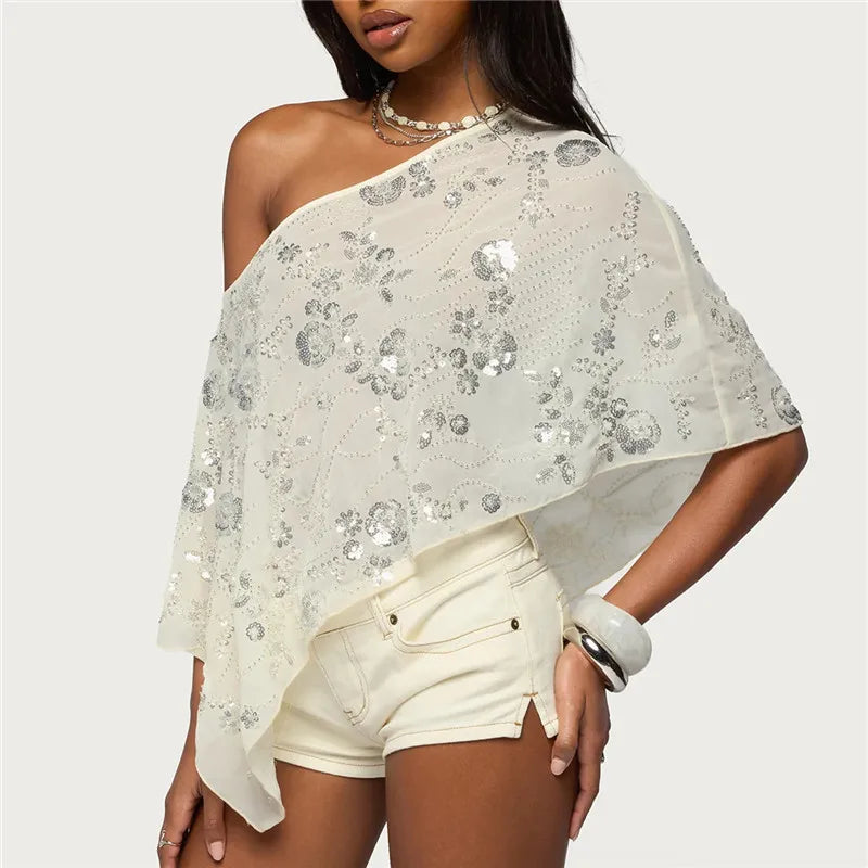 Women's white sequin top, lightweight fabric, perfect for summer outings