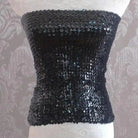 Black sequin tube top for women displayed on a mannequin with a textured background