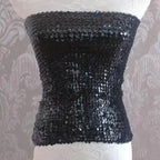 Black sequin tube top for women displayed on a mannequin with a textured background