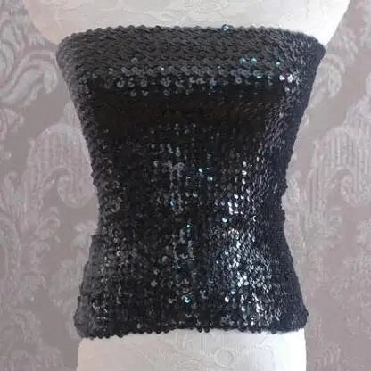 Black sequin tube top for women displayed on a mannequin with a textured background