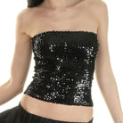 Black sequin tube top for women with shiny reflective surface and strapless design