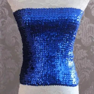Blue sequin tube top for women displayed on a white mannequin torso
