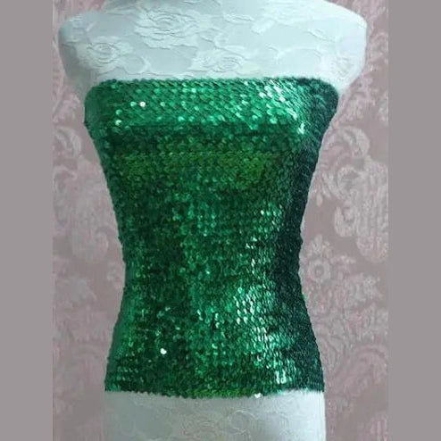 Green sequin tube top for women displayed on a white lace mannequin torso