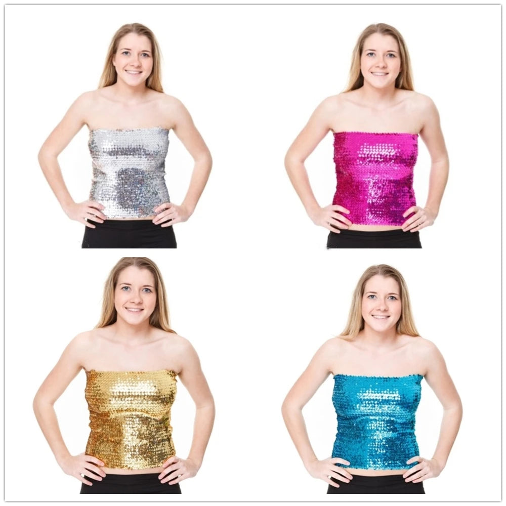 Woman wearing VacationGrabs sequin tube top for women in silver pink gold and blue colors