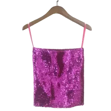 Shiny pink sequin tube top for women with thin straps hanging on wooden hanger