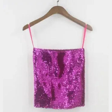 Shiny pink sequin tube top for women with thin straps hanging on wooden hanger