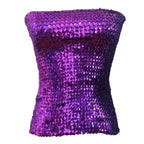 Purple shiny sequin tube top for women displayed on a white mannequin torso