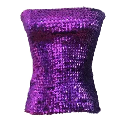 Purple shiny sequin tube top for women displayed on a white mannequin torso