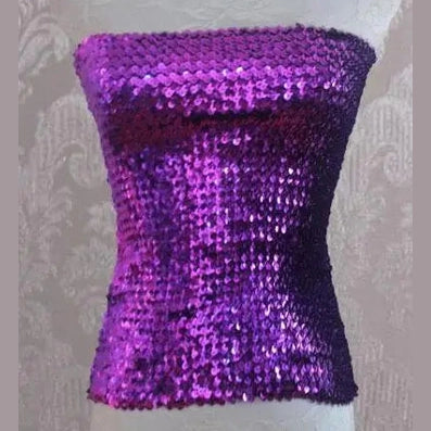Purple shiny sequin tube top for women displayed on a white mannequin torso
