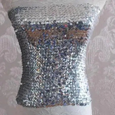 Silver sequin tube top for women with a shiny and reflective surface perfect for parties