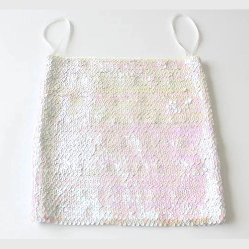 White sequin tube top for women with thin shoulder straps and shimmering finish