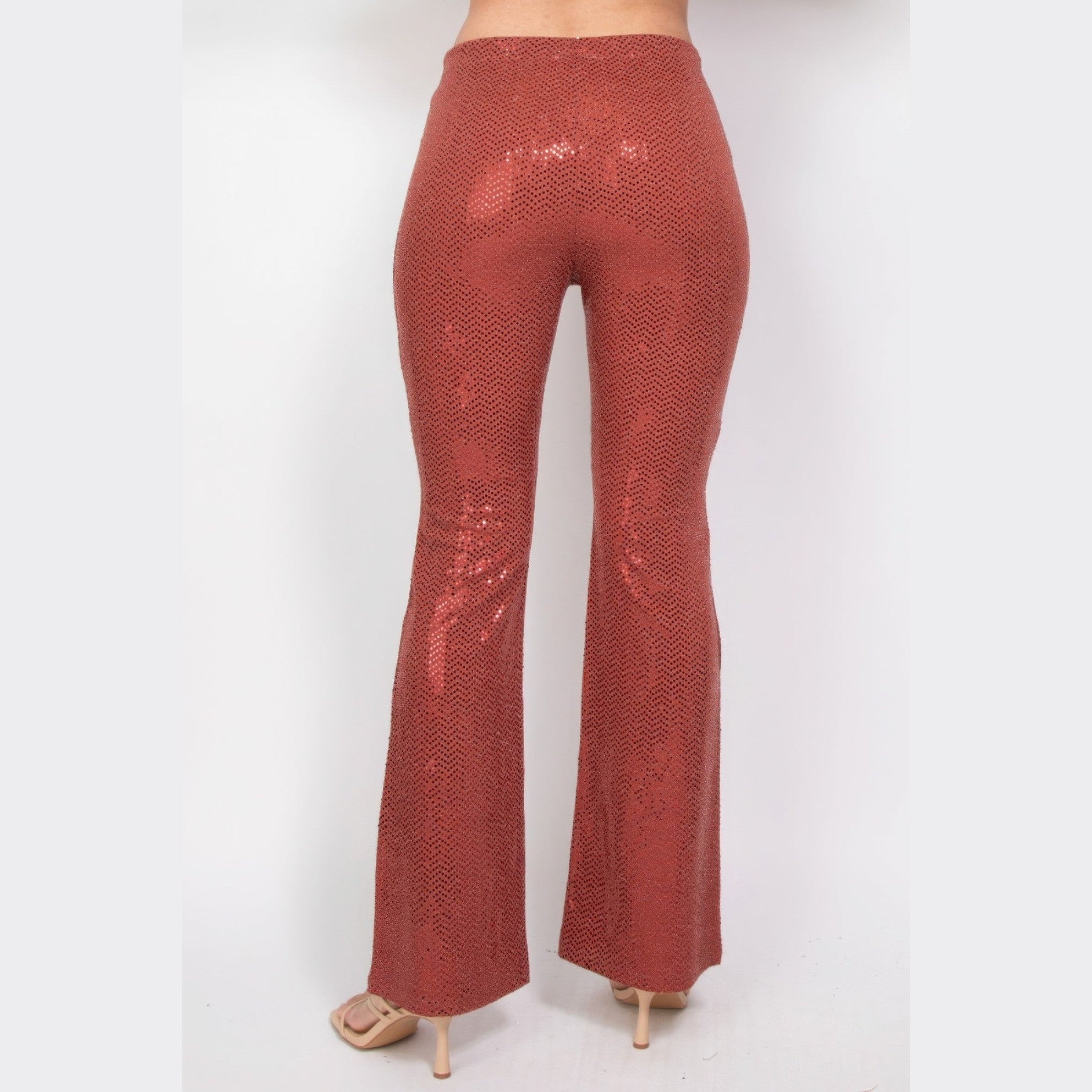 Women's sequined fit and flare pants clubwear in rust color perfect for club and party outfits