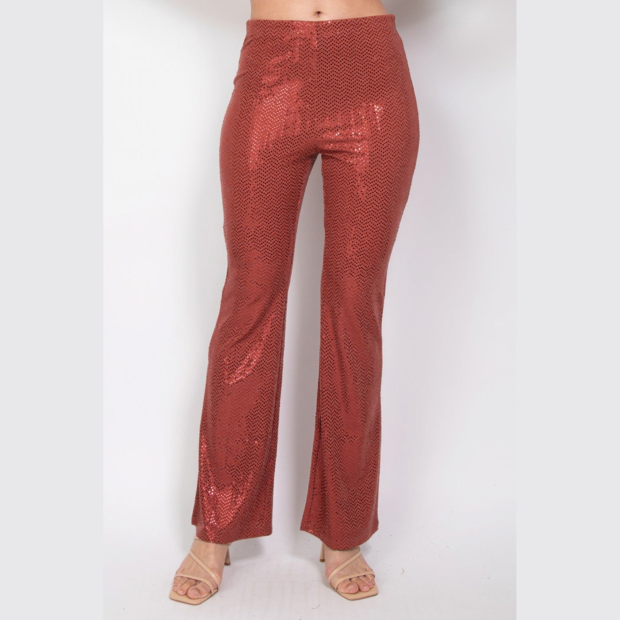 VacationGrabs women's sequined fit and flare pants clubwear in metallic rust color with high waist