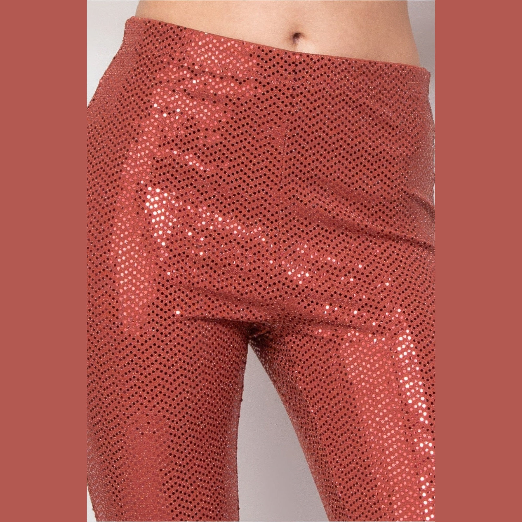VacationGrabs women's sequined fit and flare pants clubwear in shiny rose gold fabric