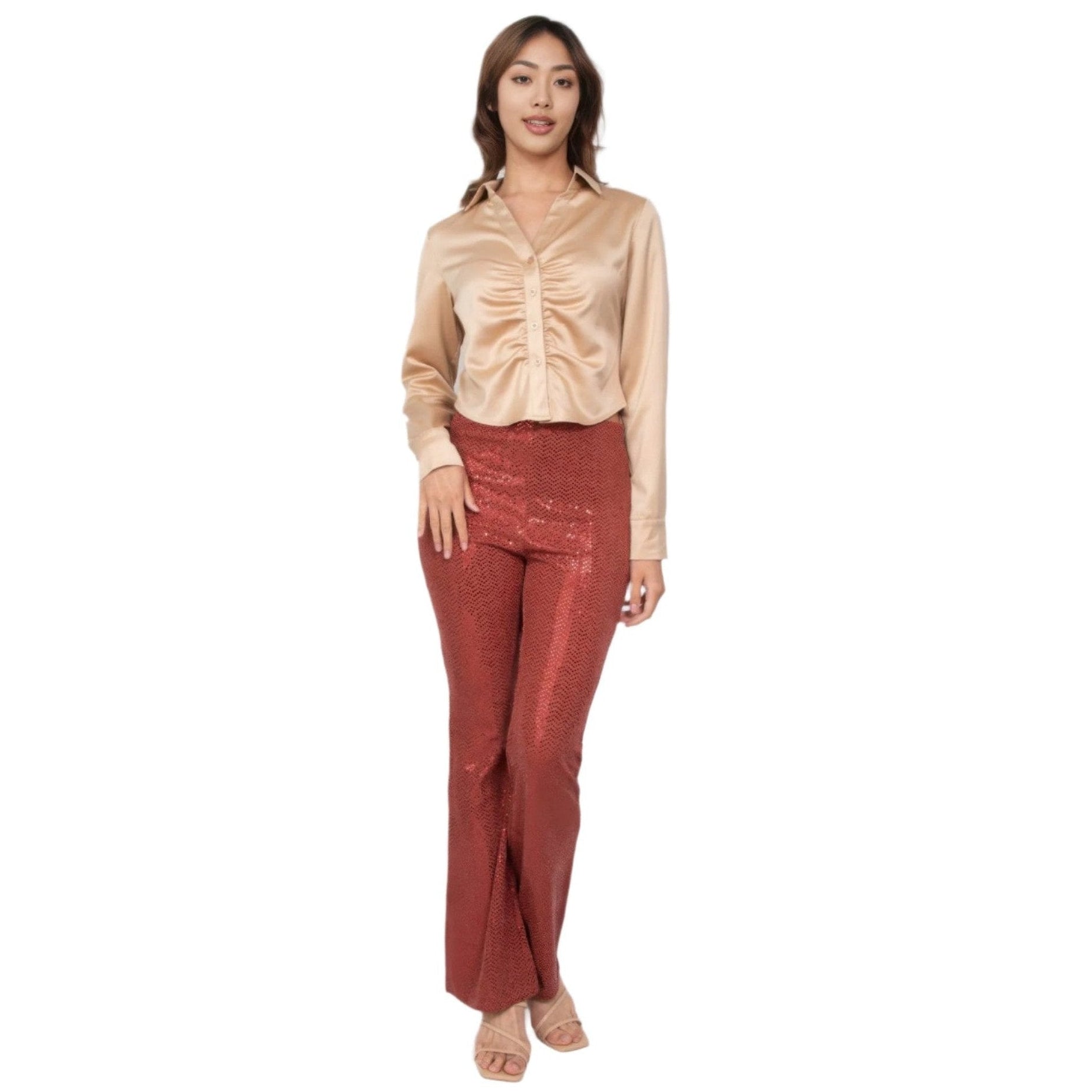 VacationGrabs women's sequined fit and flare pants clubwear in rose gold styled with beige satin blouse